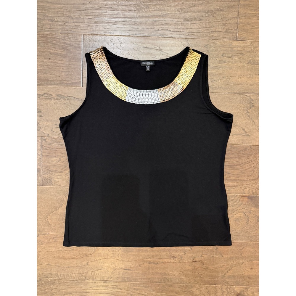 Conrad C Collection Black Embellished Tank Top XL Metallic Tile Neckline